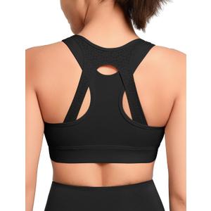 Yvette High Impact Sports Bras for Women Front Zip Supportive Running Bras for Large Bust Plus Size (Black)