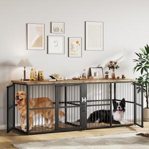 Garvee 87 in Extra Large Double Dog Crate Furniture with Divider, Heavy Duty Indoor Double Dog Cage with 3 Doors, XXL Wooden Pet House TV Stand for 2 Pets, Black+Brown