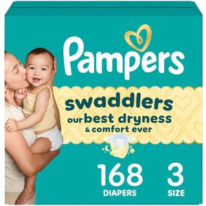 Pampers Swaddlers Diapers, Size 3 (13-26 lbs), 168 Count, Absorbent, Keeps Baby Dry and Comfortable, Skin Safe Disposable Baby Diaper