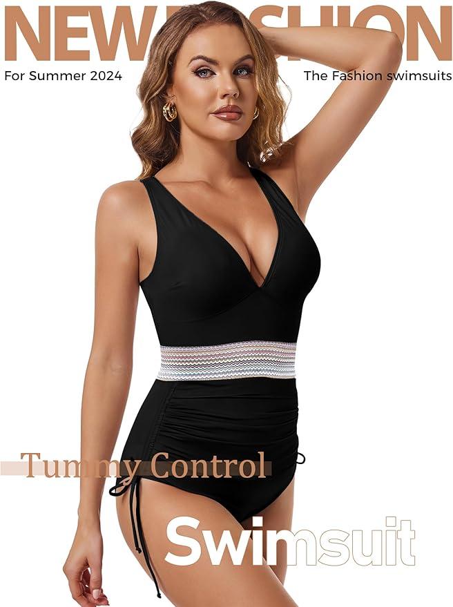 Buauty Women's One Piece Swimsuits Tummy Control Bathing Suits for Womens Color Block Drawstring V Neck Slimming Swimwear 2XL