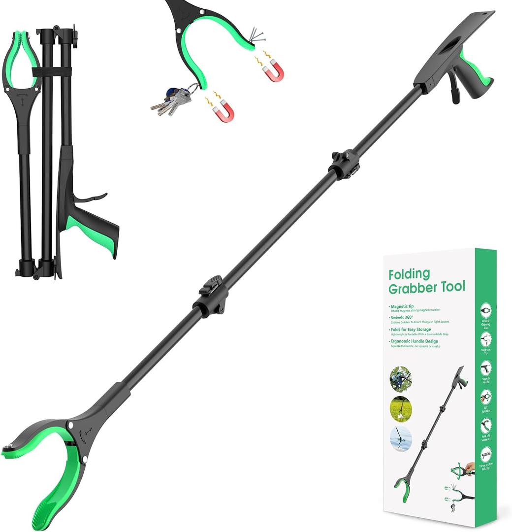 51" Heavy Duty Grabber Reacher Tool for Seniors/Disabled/After Surgery Recovery, Extra Long Foldable Reach Grabber with Shoehorn & 360Rotating Anti-Slip Claw & Magnetic Tip, Black&Green