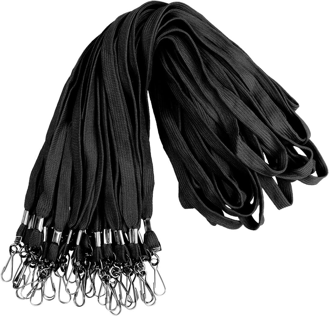 100 Pack Black Lanyards for ID Badges Bulk, Flat Lanyard With Swivel J-Hook Clip for Office, School