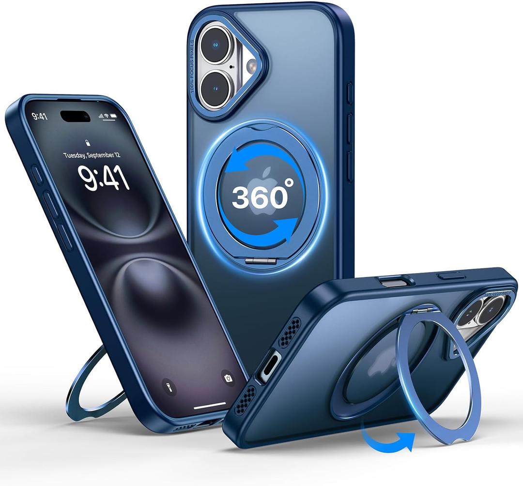 QTlier for iPhone 16 Case, 360 Rotatable Ring Stand, Raised Camera Frame, Shockproof Case Compatible with MagSafe, Case for iPhone 16, Translucent Blue