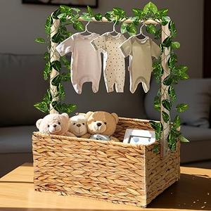 Juexica Wicker Baby Shower Crate Closet Woven Diaper Caddy Basket Baby Gift Basket with Handle and Garland Baby Storage Crate Hamper Nursery Basket for Pregnancy New Parents