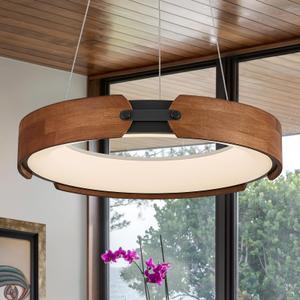 Modern LED Wood Chandelier, 20" Circular Ring Chandelier for Dining Room