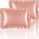 Silky Satin Ruffled Pillow Cases for Hair and Skin,Rose Gold Silk Pillowcases Queen Set of 2 with Envelope Closure Princess Room Decoration