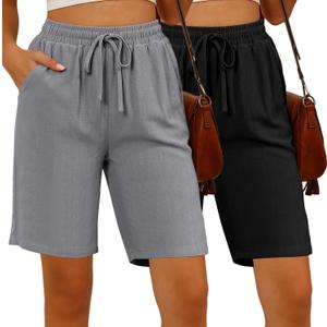 Ficerd 2 Pack Women's Linen Shorts Casual Drawstring Bermuda Summer Wide Leg Knee Length Shorts with Pockets (Black, S)