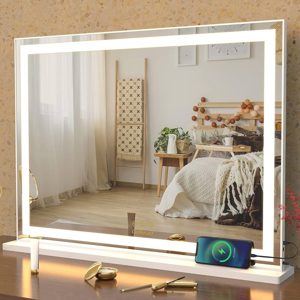 Vanity Mirror with Lights, Large Tabletop Makeup Mirror with Dimmable 3 Modes LED Backlit Light Strip, Touch Screen Control Dressing Mirror with 2 USB Outlet (30.7" W X 22.7" H)