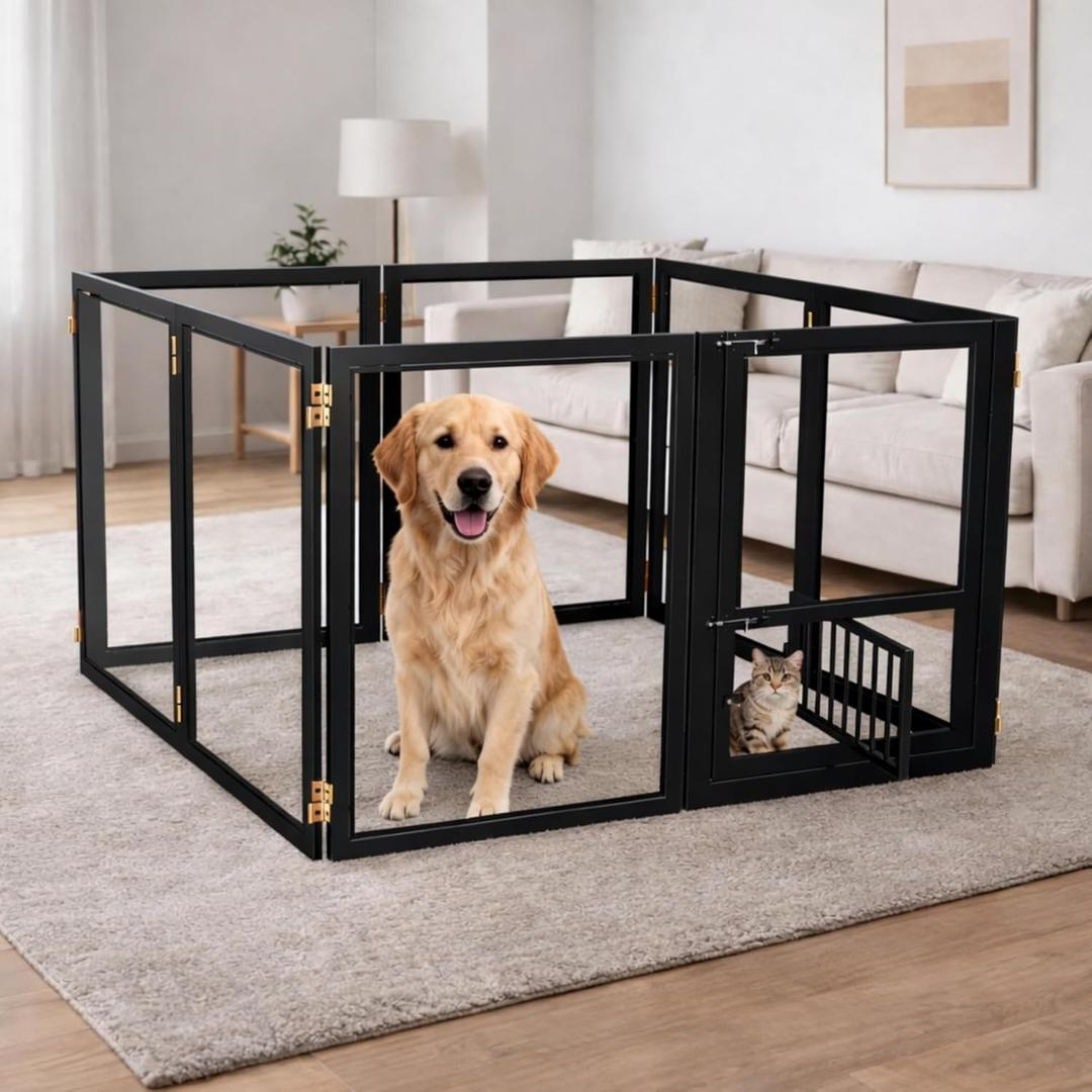 Acrylic Dog Playpen with Door, 27.5 Height, Heavy Duty Clear Pet Pen, Dog Fence Crate Kennel Whelping Cage, Ideal for Small to Medium Dogs, Cats, and Other Small Pets (Black)