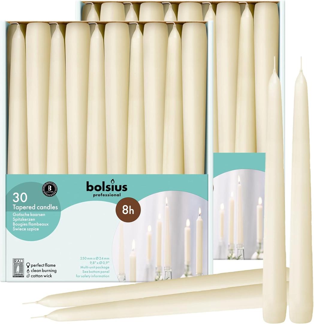BOLSIUS 60 Count Household Ivory Taper Candles - 10 Inches - Premium European Quality - 8 Hours Burn Time - Unscented Dripless and Smokeless Home Decor, Restaurant, Wedding, and Party Candlesticks