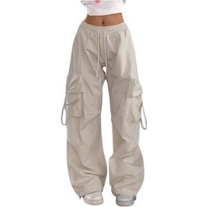 GORGLITTER Women's Baggy Cargo Pants Low Rise Wide Leg Track Pants Streetwear Parachute Pants Trousers Casual Work Apricot Small