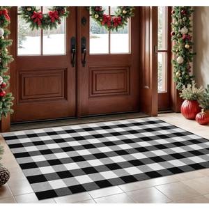 KOZYFLY Buffalo Plaid Area Rug 4 x 6 Ft Black and White Checkered Rug Washable Outdoor Rugs Cotton Rugs for Bedroom Front Door Mat Carpet for Front Porch Living Room Dining Room Kitchen