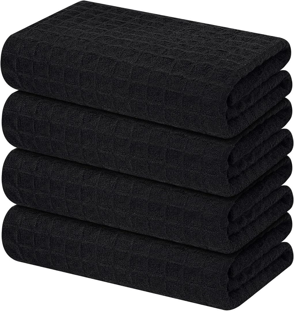 Homaxy Microfiber Waffle Weave Kitchen Towels, 16 x 28 Inch Ultra Absorbent and Solid Color Dish Towels, 4 Pack, Black