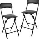 Folding Bar Stool with Backrest,25 Inch Leather Padded Counter Height Foldable Stool,Tall Folding Stool Chair for Gardening Kitchen Shop Cafe, Black (2 Pack), 25 inches x 16.5 inches x 16.5 inches
