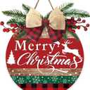 Deroro Merry Christmas Tree Deer Front Door Sign, Xmas Holiday Snowflake Plaid Wood Door Hanger Outdoor Outside Porch Decor, Farmhouse Wooden Wreath with Bow Red Berry Indoor Wall Hanging Decoration