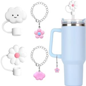 2 x 2Pcs 10mm Straw Covers for Stanley Cup 30&40 Oz, Cloud Flower Silicone Straw Toppers with 2Pcs Personalized Charm Accessories with Chains (2+2)