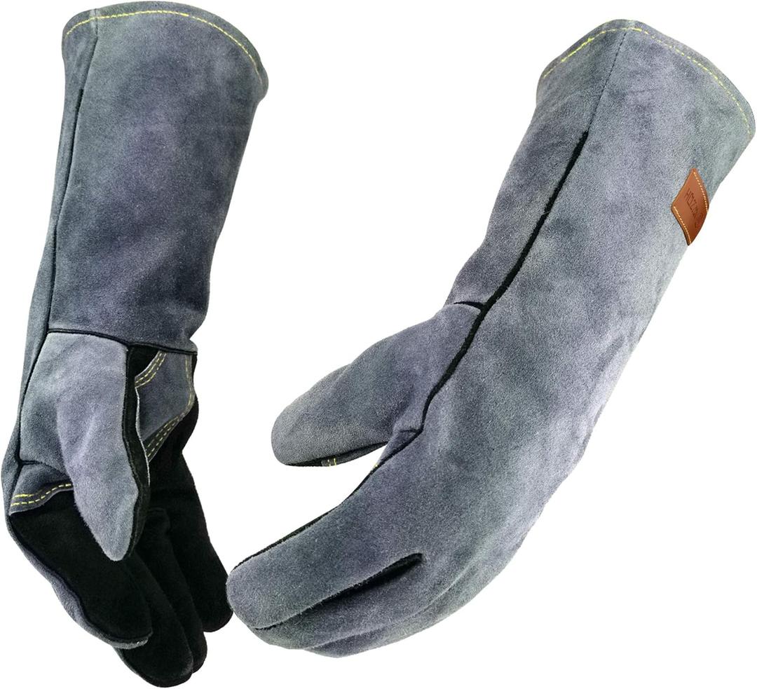 16 Inches,932,Leather Welding Gloves, Heat/Fire Resistant,Large Mitts for BBQ,Oven,Grill,Fireplace,Tig,Mig,Forge,Baking,Furnace,Stove,Pot Holder,Animal Handling Glove.L Black-gray