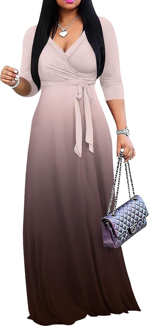 PinkPatty Women's Gradient Maxi Dress 3/4 Sleeves V Neck Cocktail Party Dress Belted Wrap Dresses（Gradients20 XL） 