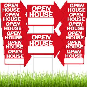 Juexica 14 Pcs Open House Signs for Real Estate 18 x 24 Inch Double Sided Arrow Shape Directional Signs Red and White Plastic Real Estate Sign Posts with H Stakes Yard Agent Supplies