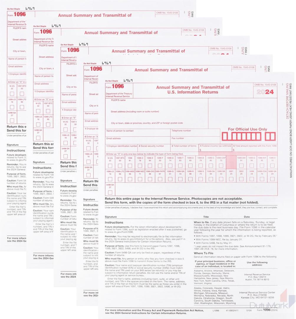 1096 Transmittal Tax Forms 2024, 25 Pack of 1096 Summary Laser Tax Forms 1096 Forms, Compatible with QuickBooks and Accounting Software