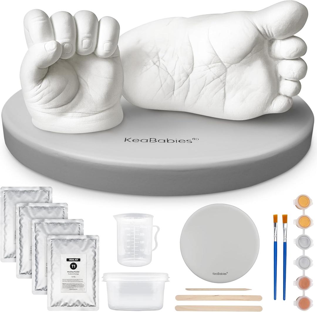 KeaBabies Baby Casting Kit Hands and Feet Mold - 3D Newborn Hand Casting Kit & Stylish Wood Base, Easy DIY Infant Foot Molds 0-9 Months,BPA-Free Baby Keepsake,Shower Gifts for Moms (Round, Cloud Gray)