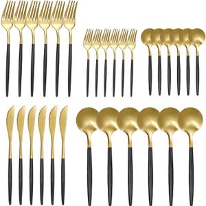 30 Piece Matte Black Gold Silverware Set, Flatware Set for 6, Forks Spoons Set, Food-Grade Stainless Steel Cutlery Set (Gold/Black)
