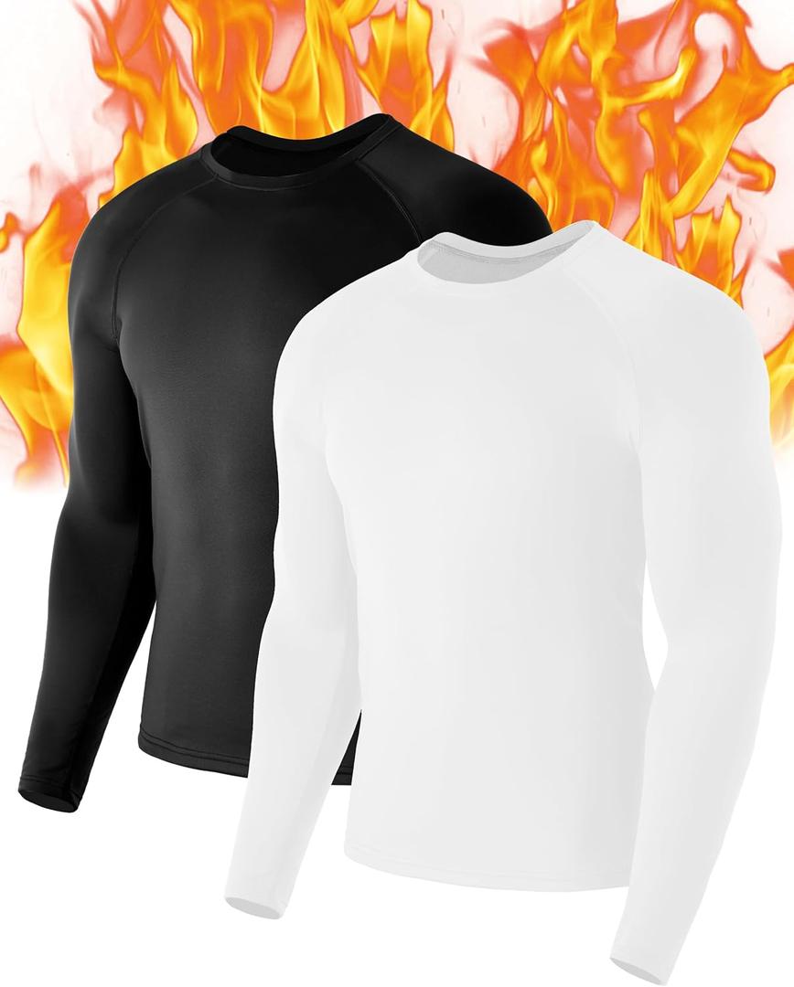 Mens Thermal Compression Shirts, Warm Long Sleeve Fleece Lined Tops Athletic Base Layer for Running Cold Weather (Large, Black+white)