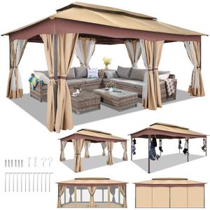 HOTEEL Gazebo 12x20, Outdoor Gazebo on Clearance with Double Ventilated Arc Roof, Privacy Curtains & Mosquito Netting, Easy Set up Canopy Tent with Stable Metal Frame for Patio, Khaki (Upgraded 2.0)