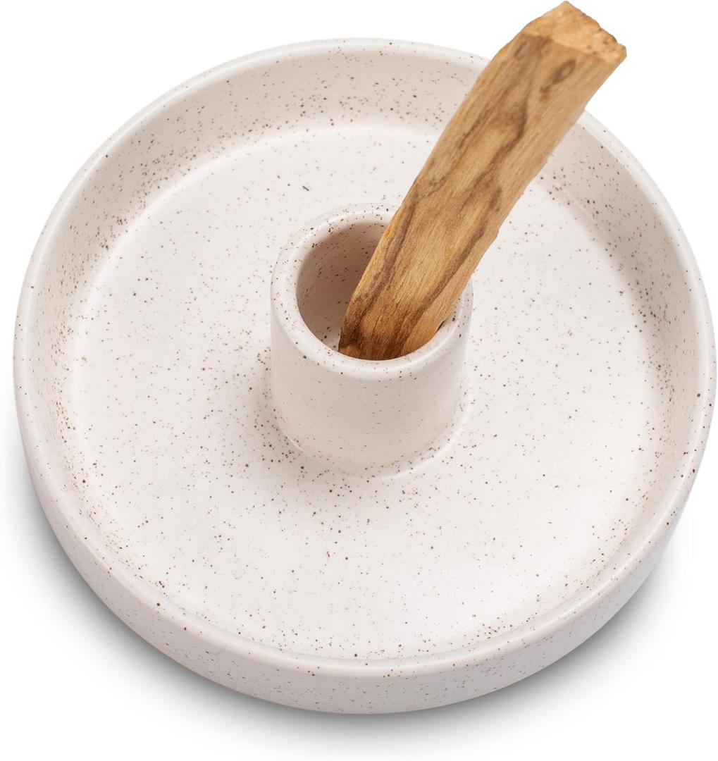 Palo Santo Holder, Ceramic Incense Holder for Palo Santo Sticks, Scent Wood Stand and Ash Catcher, Simple, Sturdy and Well Made Incense Burner, Cozy Speckled White