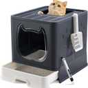Vealind Cute Covered Cat Litter Box with Lid Cover Low Entry Hooded Enclosed Small Kitty Kitten Litter Box Enclosure with Scooper and Brush Closed Litter Tray Black