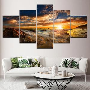 Wooden Large 5 Piece Canvas Wall Art Sunset With Sea Ocean Painting Picture for Bedroom Living Room Office wall Decor Artwork Framed Gicle Prints Posters Stretched Ready to Hang