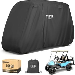 10L0L Golf Cart Cover 2/4/4+2 Passenger for Yamaha EZGO Club Car, Heavy Duty 420D Waterproof Windproof Durable Oxford Golf Cart Cover with 3 Zipper Doors for All-Weather Protection (Black/Silver)