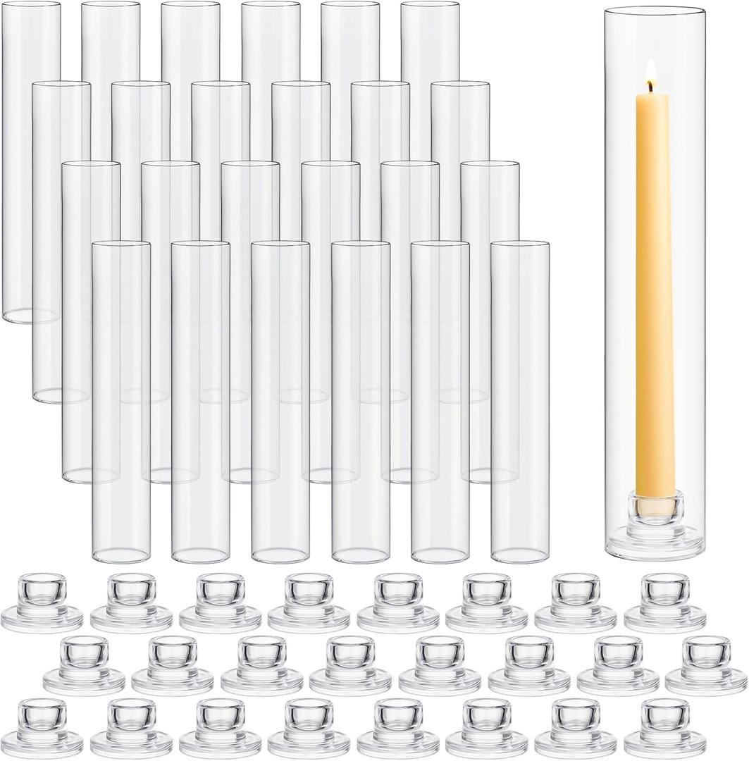 Teenyyou 24 Set Glass Hurricane Candle Holders 11.8" Open Ended Glass Candleholder Tube Shape Bottomless and 1.26" Taper Clear Candlestick Holders for Wedding Party Table Centerpiece