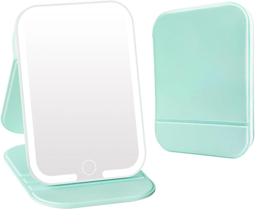 Rechargeable Travel Mirror with Light, LED Makeup Mirror with Lights, Portable Vanity Mirror with 3 Color Lighting, Touch Dimmable Lighted Cosmetic Mirror, Travel Essentials (Light Green)