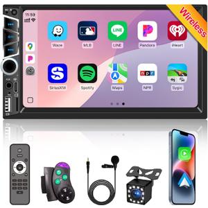 Wireless Apple Carplay 7 inch Double Din Car Stereo,IPS Touchscreen,Bluetooth 5.2,FM Car Radio,Bakcup Camera,Subwoofer Ports, Audio Receiver,Android Auto,Type-C/USB Fast Charging,GPS Navigation
