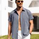 Alimens & Gentle Mens Linen Shirts Short Sleeve Button Down Shirts Wrinkle Free Casual Vacation Beach Summer Tops (Blue, S)