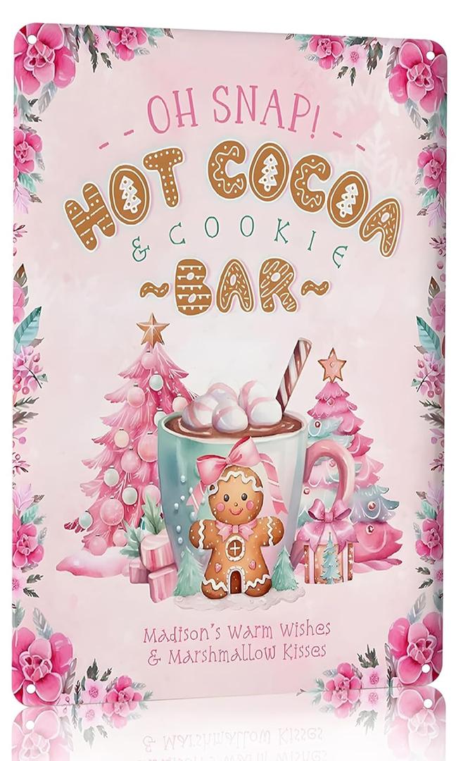 Joyline Vintage Pink Christmas Decor Gifts Rustic Hot Cocoa Cookies Bar Gingerbread Tin Sign for Home Farmhouse Kicthen Cafe Bar Wall Decor 8 x 12 inches (3237)