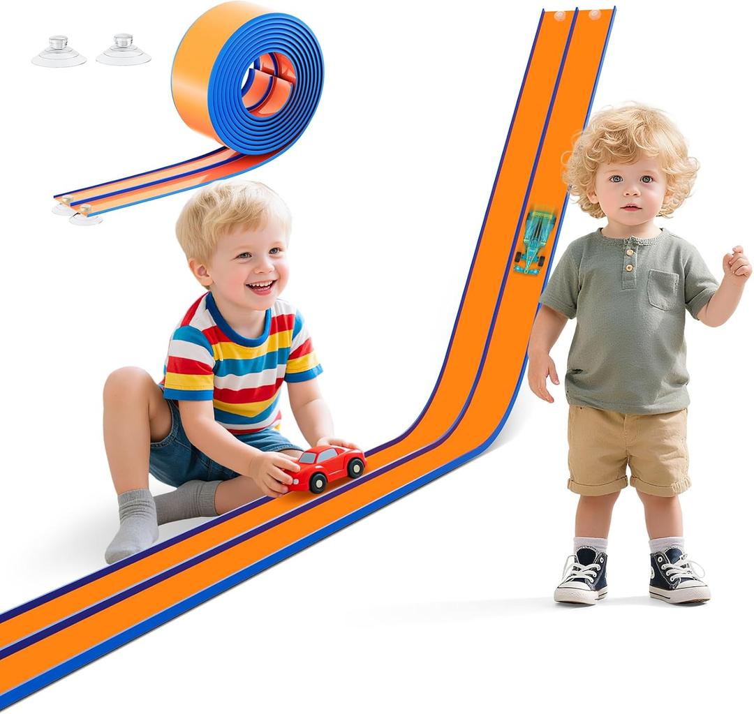 15 Ft Flexible Race Track for Kids Portable Car Race Track Starter Set with Suction Cups, Rolls Up Easy, Compatible with 1/64 Diecast Cars, Birthday Gift for Boys & Girls Ages 3+ (Orange&Blue)