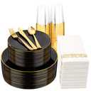 Supernal 350pcs Black & Gold Plastic Dinnerware Set, Elegant Black Plates with Golden Edges, Gold Plastic Silverware, Durable Tableware Perfect for Birthdays, Parties, Wedding, Celebration