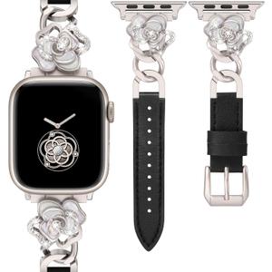 Minyee Compatible with Apple Watch Band 42/41/40/38/44/45/46/49mm Women, Dressy Slim Elegant Leather Metal Chain Strap with Bling Camellia Charms for iWatch Series 11 10 9 8 7 6 5 4 SE/Ultra 3 2 1
