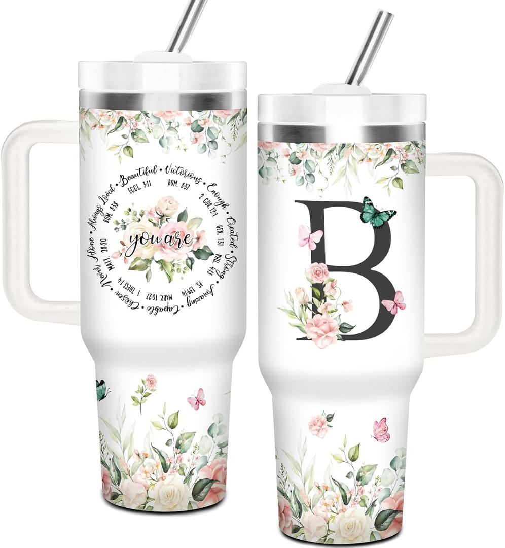 Christian Gifts for Women, Christian Tumbler 40Oz with Handle and Straw for Women, Personalized Initial B Tumbler Gifts for Women Christmas Religious Inspirational Gifts, Gifts for Christian Women