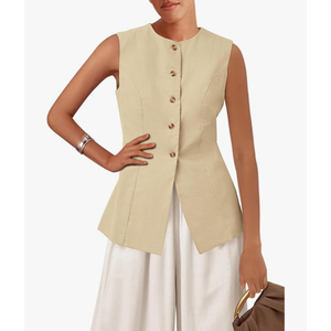 KIRUNDO Blazer Vest for Women Trendy 2025 Dressy Business Casual Summer Button Down Sleeveless Work Suit Waistcoat Tops, Beige, S