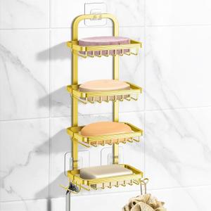 4 Tier Soap Bar Holder for Shower, Aluminum Wall Mounted Rustproof Soap Holder with 4 Hooks and Razor Holder, Shower Rack Soap Tray Bar Soap for Bathroom Accessories Organizer Gold