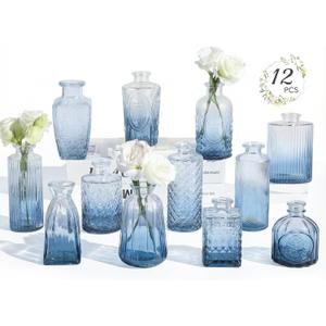 RUCKAE 12 Pack Glass Bud Vases Mini Flower Vase Small Vintage Vases for Centerpiece Table Wedding Decorations Home Decor Party (Gradient Blue)