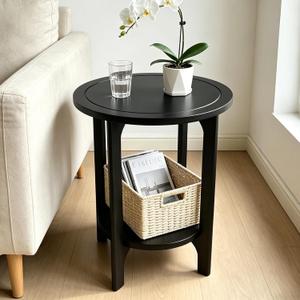 Small Round Side Table, 2-Tier Solid Wood End Table, Mid Century Modern Nightstand for Living Room, Bedroom, Easy Assembly (Black), 17"W x 22"H