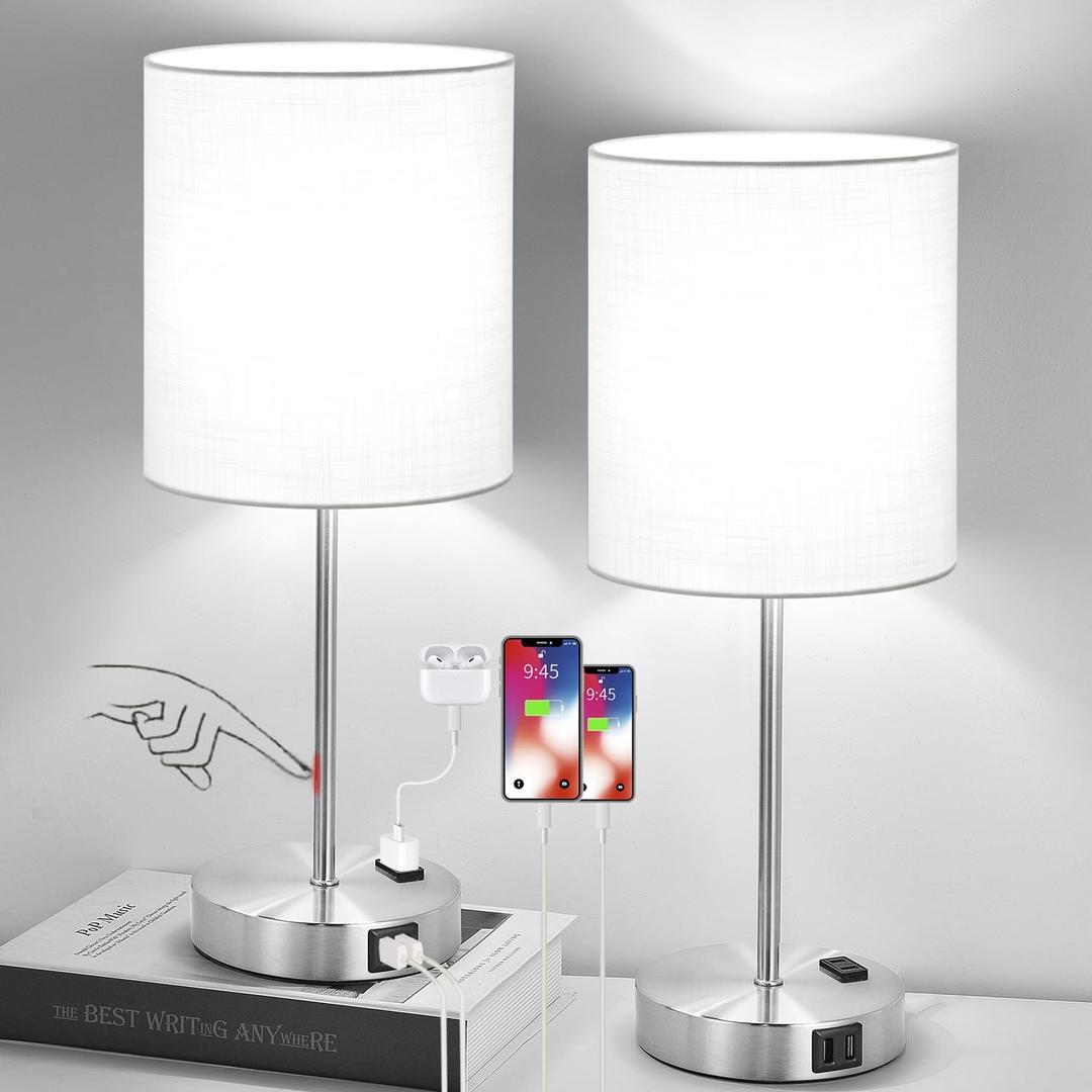 Lynnoland Set of 2 Touch White Table Lamps with 2 USB Ports & AC Outlet, 3Way Dimmable Bedside Nightstand Lamps for Bedroom Living Room Nursery, 800 Lumens 5000K Daylight Bulbs Included
