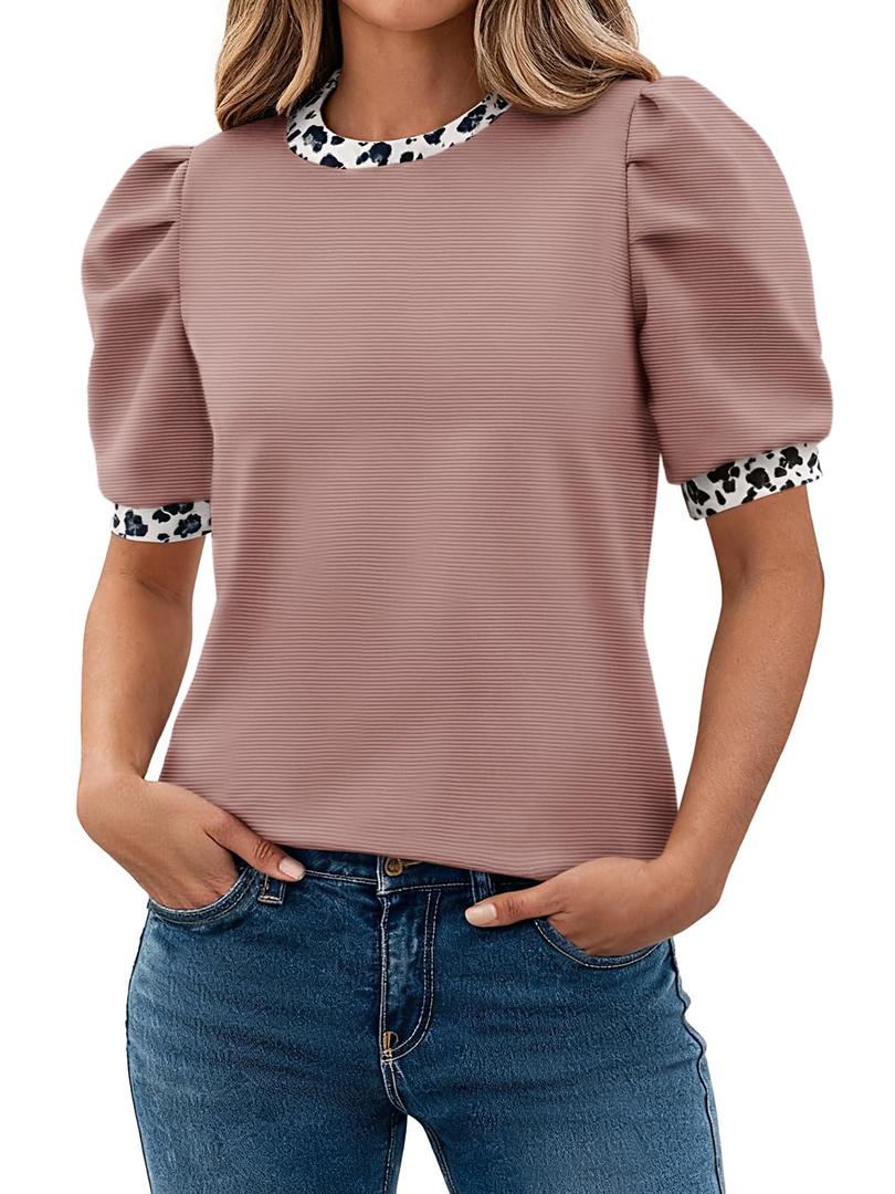 Tankaneo Womens Puff Short Sleeve Tops Summer Dressy Casual Crew Neck Work Blouses 2026 Leopard Loose Fit T Shirt (M)