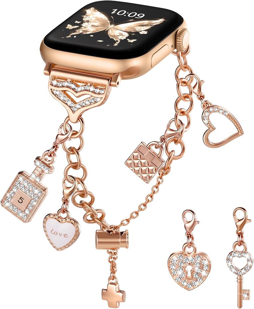 DaQin Stylish Metal Band for Apple Watch Bands Women 40mm 41mm 42mm 44mm 45mm 46mm 38mm, Bling Dressy Apple Watch Band Charms Bracelet Designer Strap for iWatch Series 11 10 9 8 7 6 5 4 3 2 1 SE (Rose Gold- Perfume)