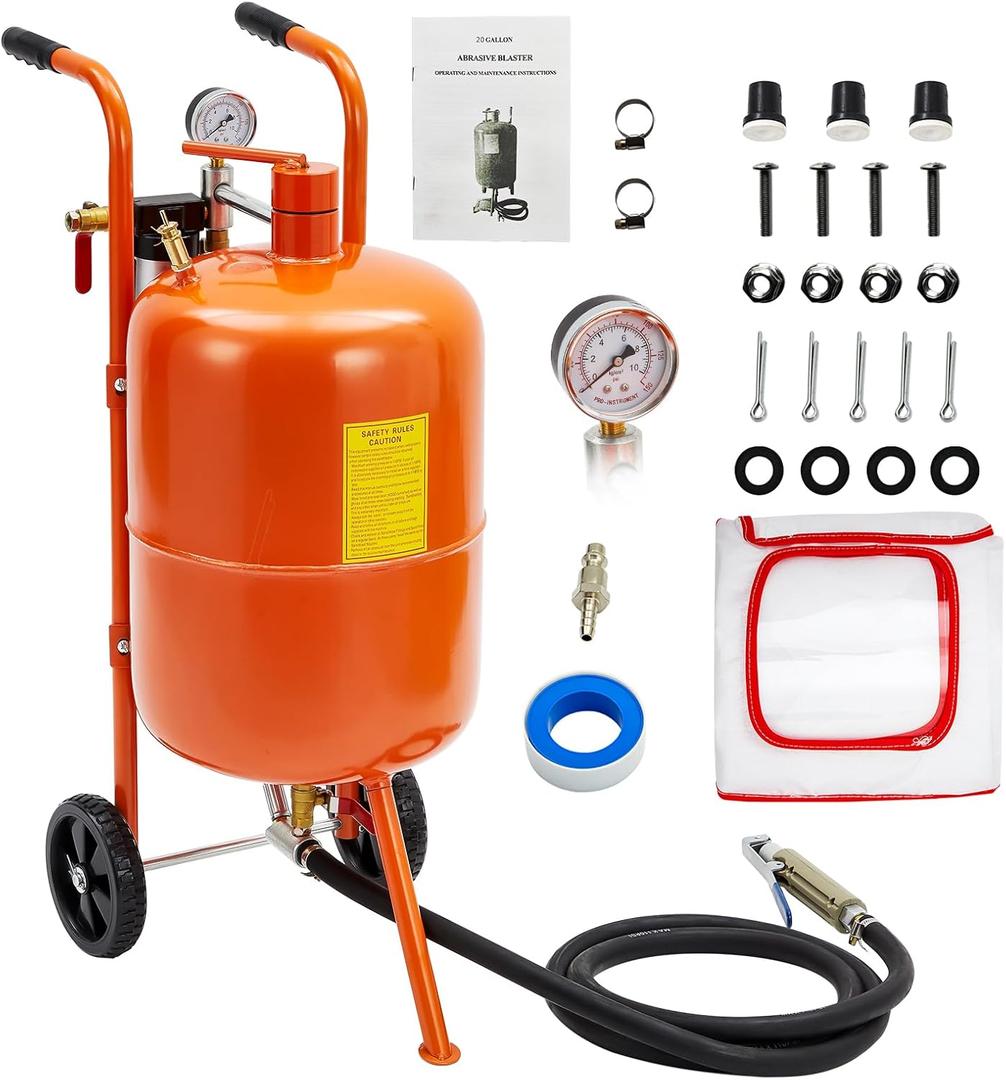 10 gal Sand Blasting Machine, 125 Psi Pressure Air Sand Blasting Kit w/4 Ceramic Nozzles & Oil-Water Separator, Portable Abrasive Blaster for Stain Removal Paint, Orange