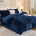Andency Fluffy Navy Blue Comforter Set Queen Size, 3 Pieces Winter Faux Fur Warm Soft Fuzzy Plush Bedding Comforter Set (1 Velvet Comforter & 2 Pillowcases), Thick Heavy Comfy Comforters Bedding Set